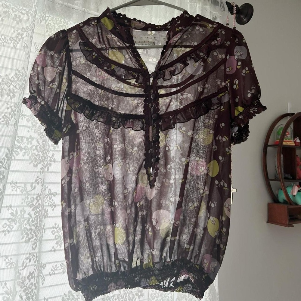 Kimchi Blue Plum Sheer Floral Ruffle Blouse with Yellow & Pink Accents